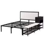 Full-Size Metal Platform Bed with Two-Level Storage Shelves and Wooden Storage Cabinet