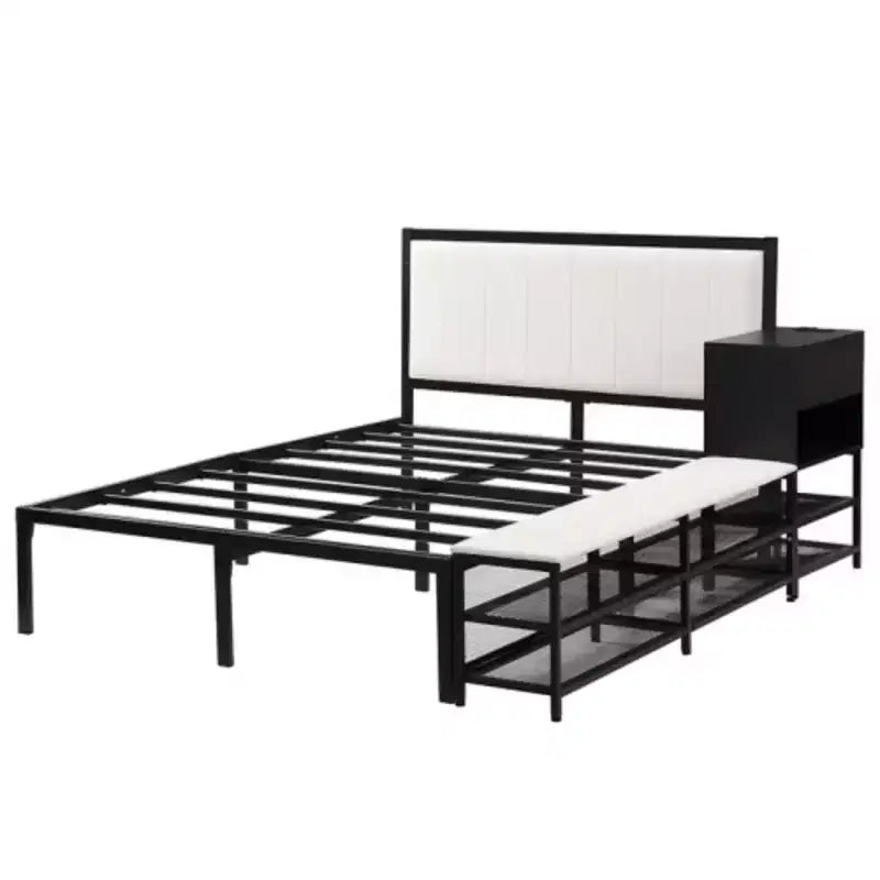 Full-Size Metal Platform Bed with Two-Level Storage Shelves and Wooden Storage Cabinet