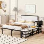 Full-Size Metal Platform Bed with Two-Level Storage Shelves and Wooden Storage Cabinet