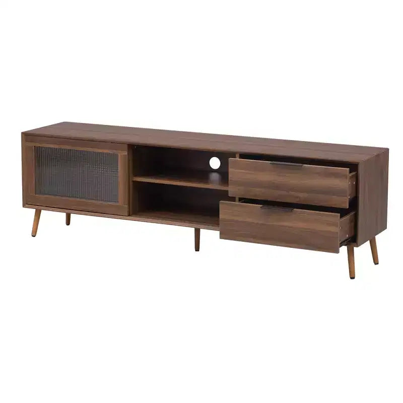 Modern TV Stand for TVs up to 80'', TV Media Console with 2 Glass Doors, Entertainment Center with 2 Drawers & Storage Cabinet, Walnut