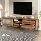 Modern TV Stand for TVs up to 80'', TV Media Console with 2 Glass Doors, Entertainment Center with 2 Drawers & Storage Cabinet, Walnut