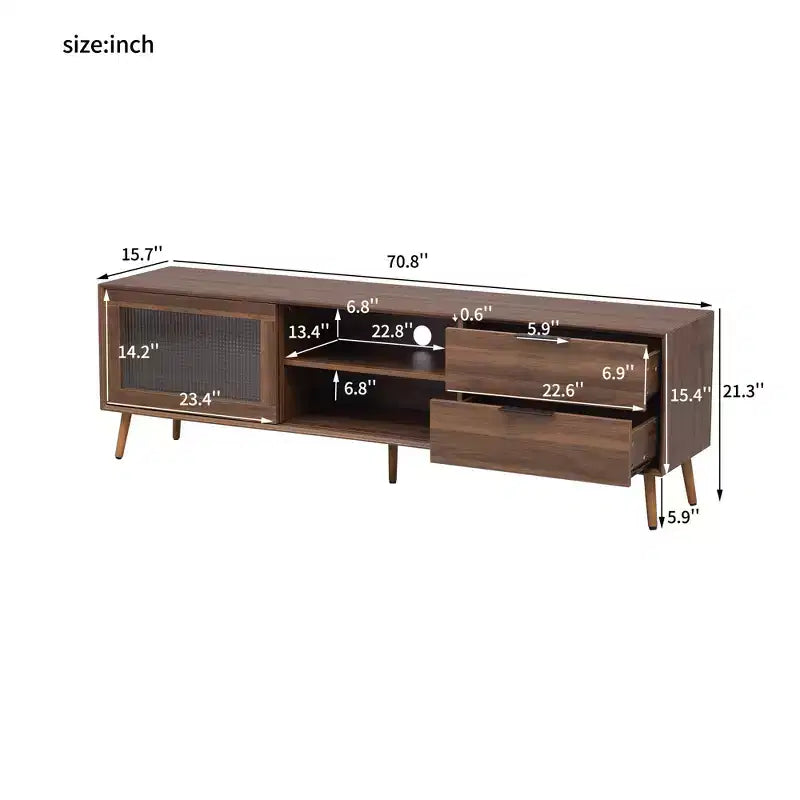 Modern TV Stand for TVs up to 80'', TV Media Console with 2 Glass Doors, Entertainment Center with 2 Drawers & Storage Cabinet, Walnut