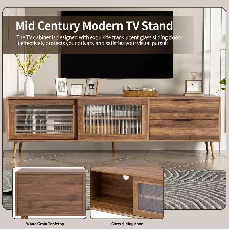 Modern TV Stand for TVs up to 80'', TV Media Console with 2 Glass Doors, Entertainment Center with 2 Drawers & Storage Cabinet, Walnut