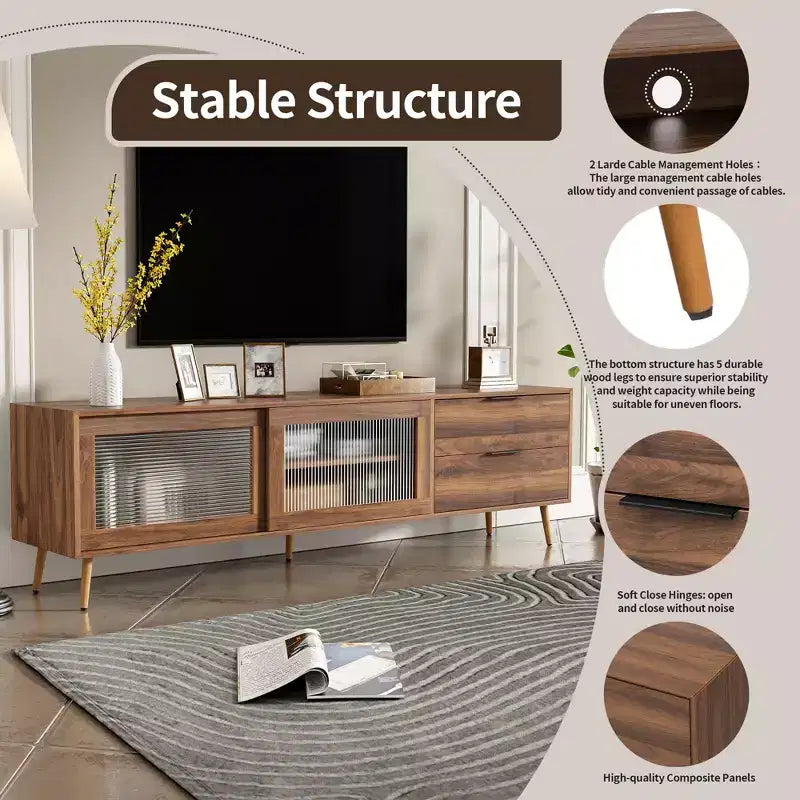 Modern TV Stand for TVs up to 80'', TV Media Console with 2 Glass Doors, Entertainment Center with 2 Drawers & Storage Cabinet, Walnut