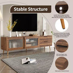 Modern TV Stand for TVs up to 80'', TV Media Console with 2 Glass Doors, Entertainment Center with 2 Drawers & Storage Cabinet, Walnut