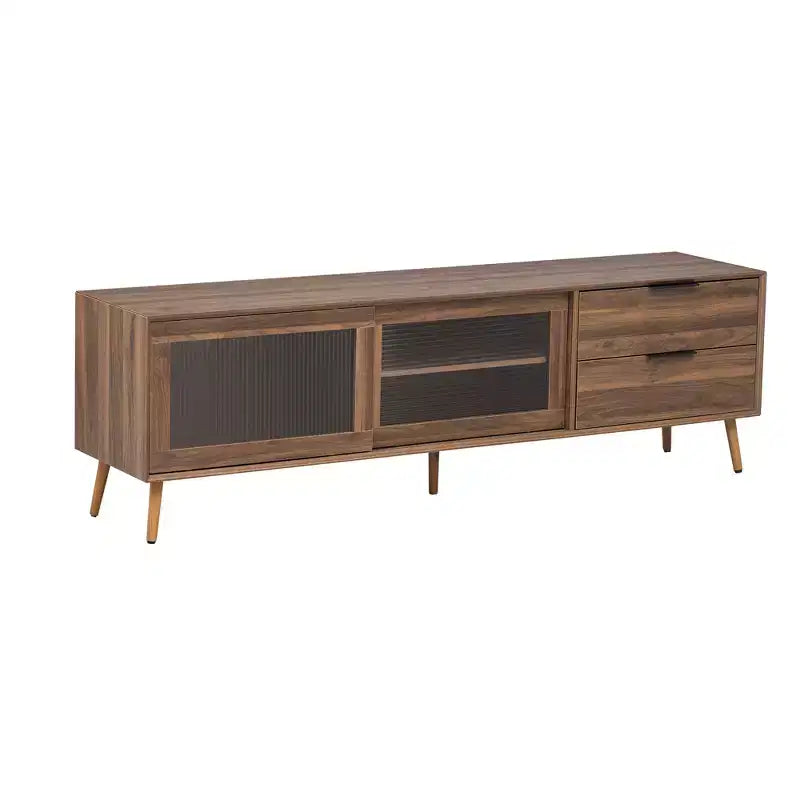 Modern TV Stand for TVs up to 80'', TV Media Console with 2 Glass Doors, Entertainment Center with 2 Drawers & Storage Cabinet, Walnut