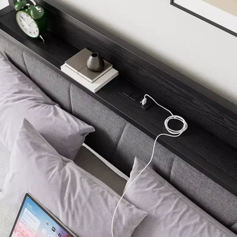 Solid and Stable Queen Size Bed Frame, Storage Headboard with Charging Station, Noise Free, No Box Spring, Easy Assembly