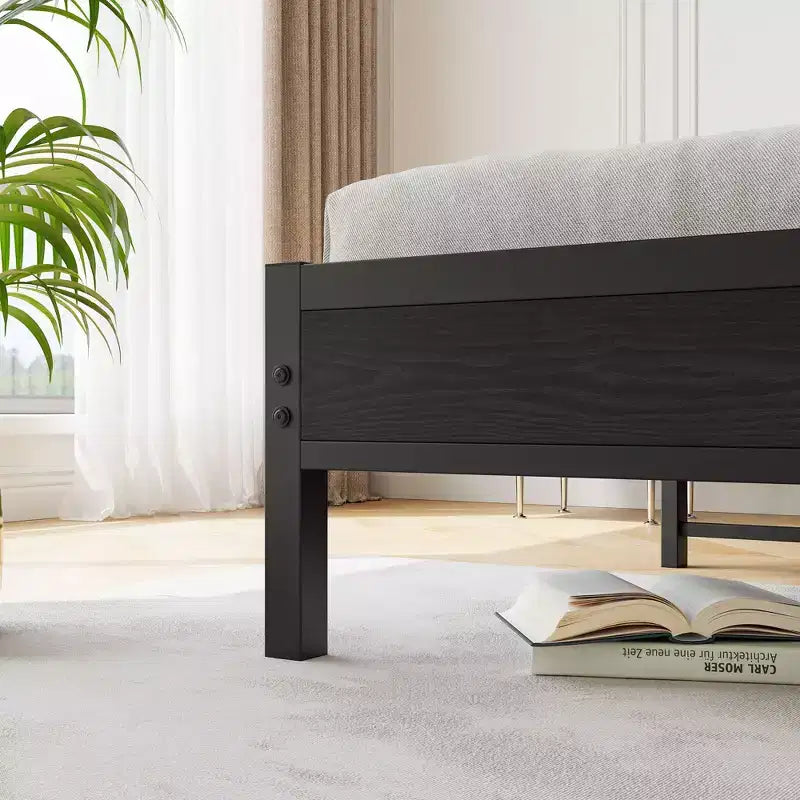 Solid and Stable Queen Size Bed Frame, Storage Headboard with Charging Station, Noise Free, No Box Spring, Easy Assembly