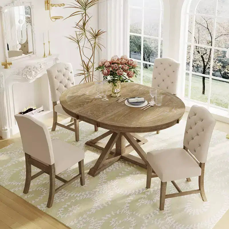 Retro Style Dining Table with Extendable Table and 4 Upholstered Chairs