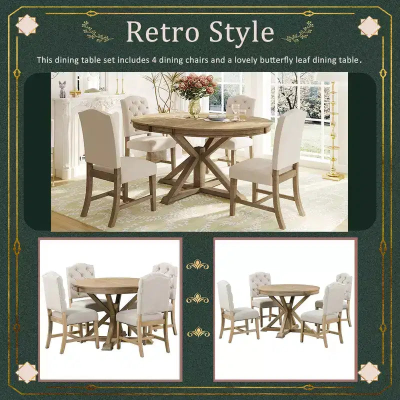 Retro Style Dining Table with Extendable Table and 4 Upholstered Chairs