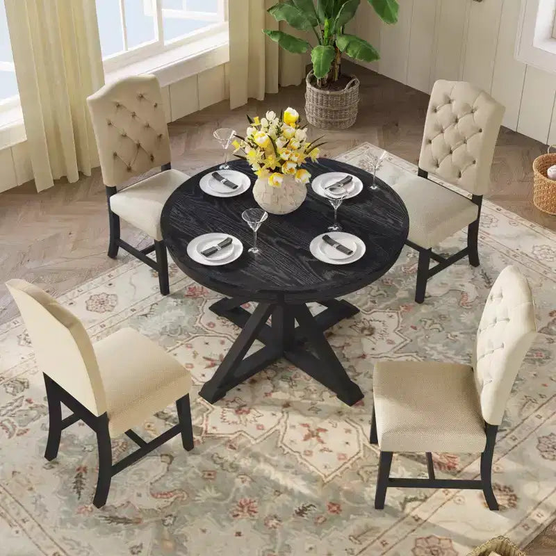 Retro Style Dining Table with Extendable Table and 4 Upholstered Chairs