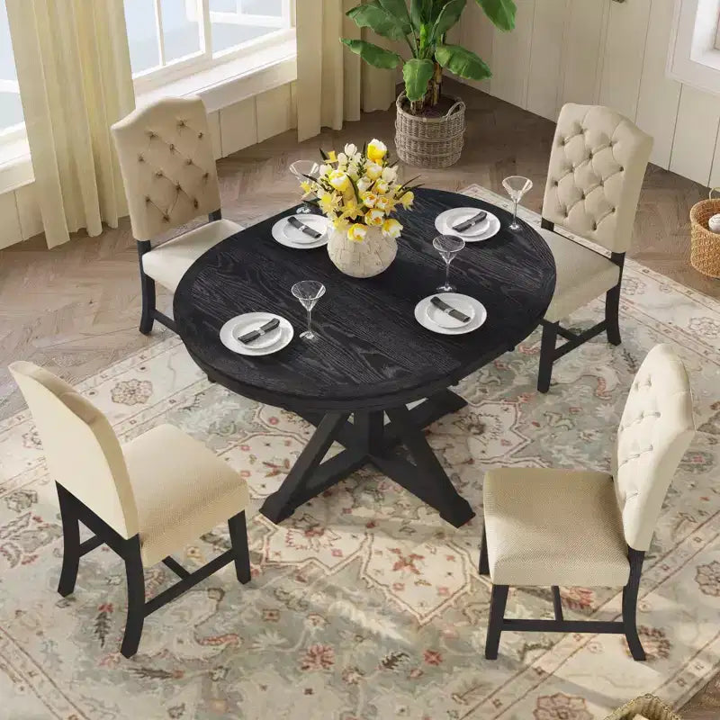 Retro Style Dining Table with Extendable Table and 4 Upholstered Chairs