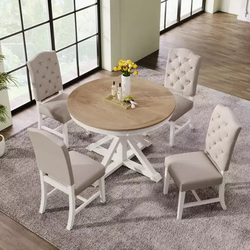 Retro Style Dining Table with Extendable Table and 4 Upholstered Chairs