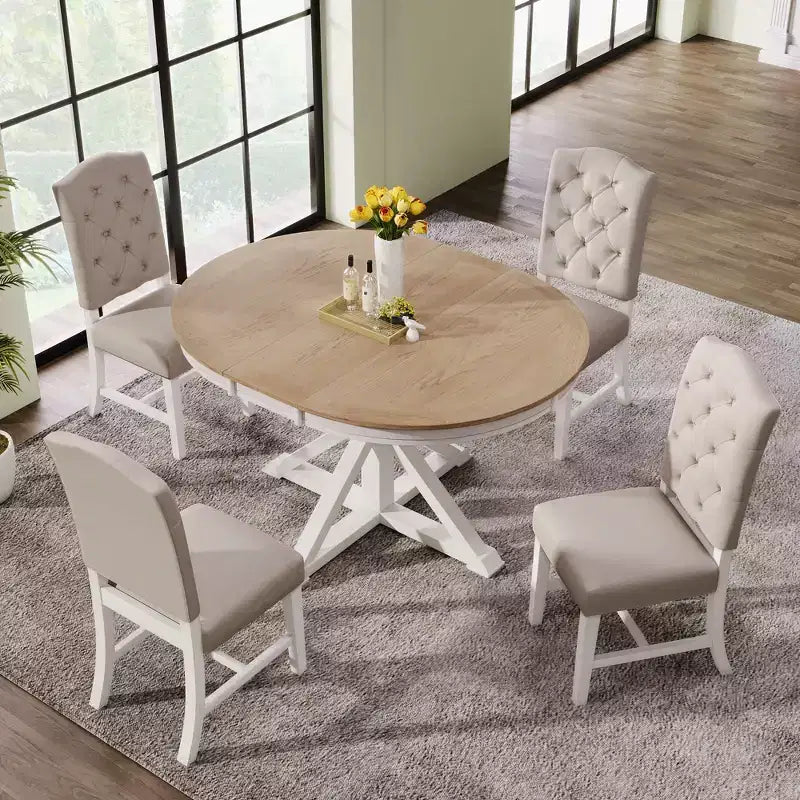 Retro Style Dining Table with Extendable Table and 4 Upholstered Chairs