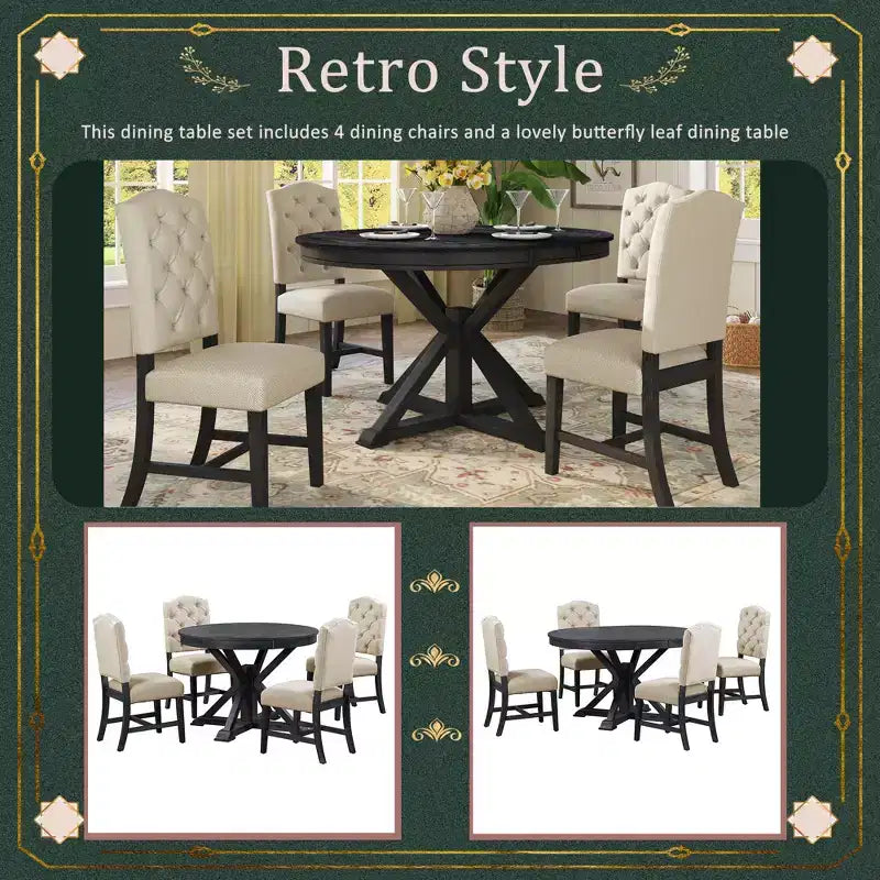 Retro Style Dining Table with Extendable Table and 4 Upholstered Chairs
