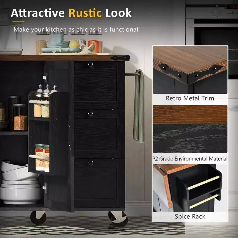 54.5 Black Farmhouse Kitchen Island with Drop Leaf, Rolling Kitchen Cart on Wheels for Home Kitchen Dining Room