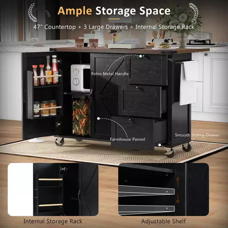 54.5 Black Farmhouse Kitchen Island with Drop Leaf, Rolling Kitchen Cart on Wheels for Home Kitchen Dining Room