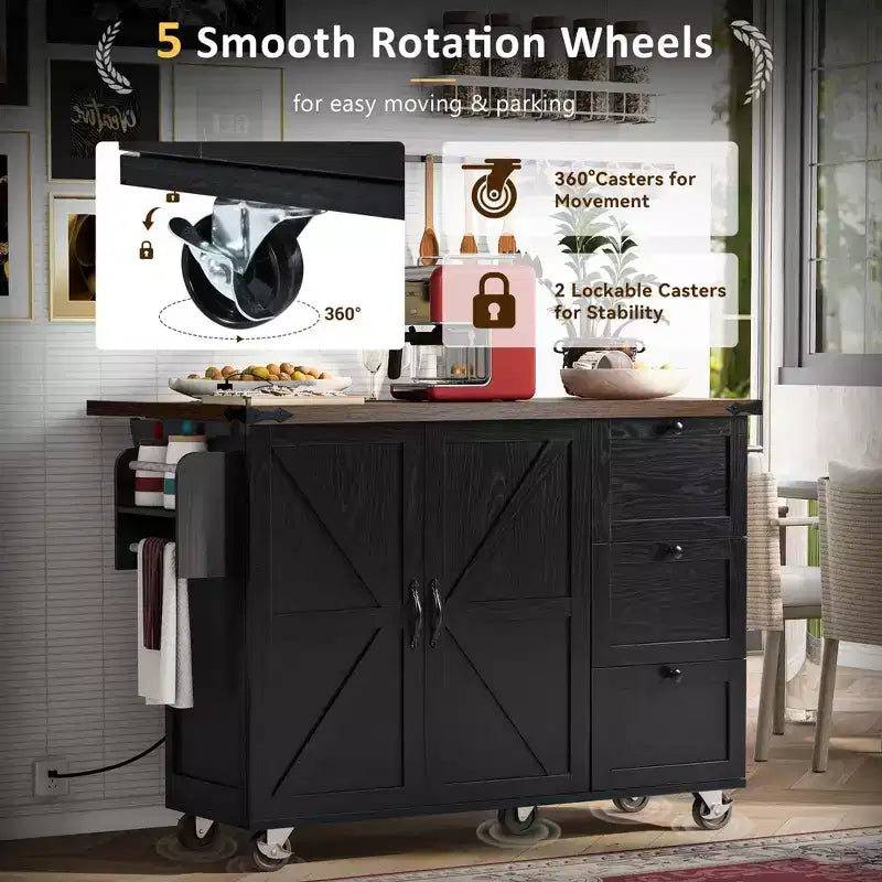 54.5 Black Farmhouse Kitchen Island with Drop Leaf, Rolling Kitchen Cart on Wheels for Home Kitchen Dining Room
