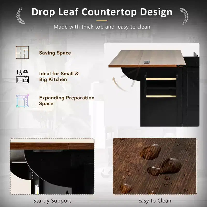 54.5 Black Farmhouse Kitchen Island with Drop Leaf, Rolling Kitchen Cart on Wheels for Home Kitchen Dining Room