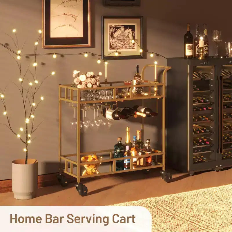 2 Tier Rolling Wine Bar Cart for Home, Small Alcohol Liquor Cart with Mirrored Shelves, Wine Racks & Glass Holder
