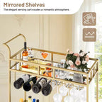 2 Tier Rolling Wine Bar Cart for Home, Small Alcohol Liquor Cart with Mirrored Shelves, Wine Racks & Glass Holder