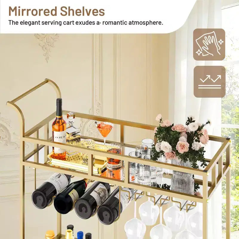 2 Tier Rolling Wine Bar Cart for Home, Small Alcohol Liquor Cart with Mirrored Shelves, Wine Racks & Glass Holder