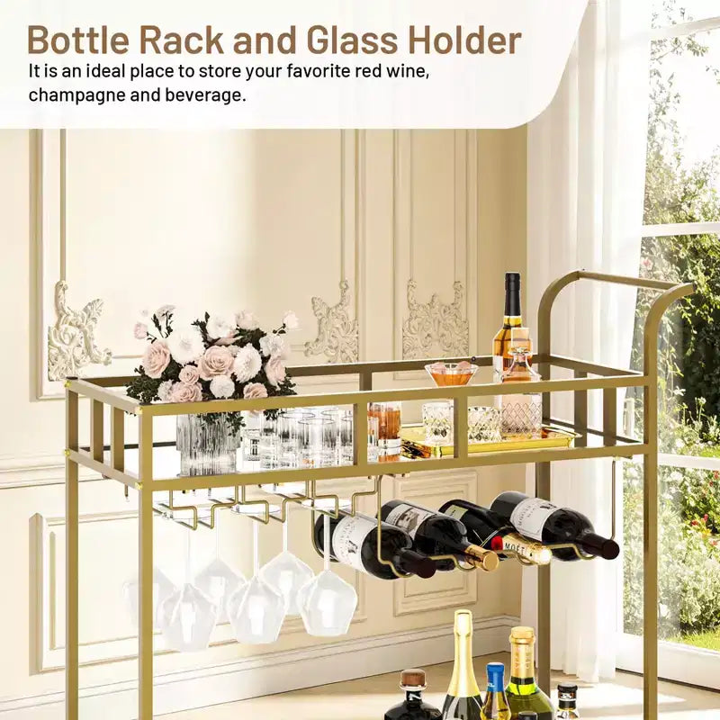 2 Tier Rolling Wine Bar Cart for Home, Small Alcohol Liquor Cart with Mirrored Shelves, Wine Racks & Glass Holder