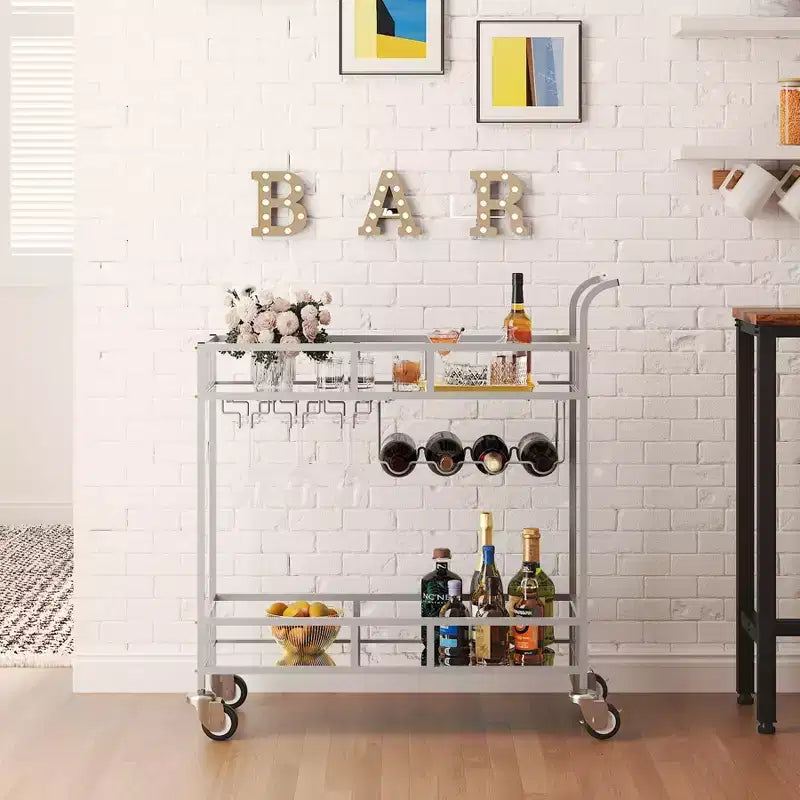 2 Tier Rolling Wine Bar Cart for Home, Small Alcohol Liquor Cart with Mirrored Shelves, Wine Racks & Glass Holder