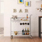 2 Tier Rolling Wine Bar Cart for Home, Small Alcohol Liquor Cart with Mirrored Shelves, Wine Racks & Glass Holder