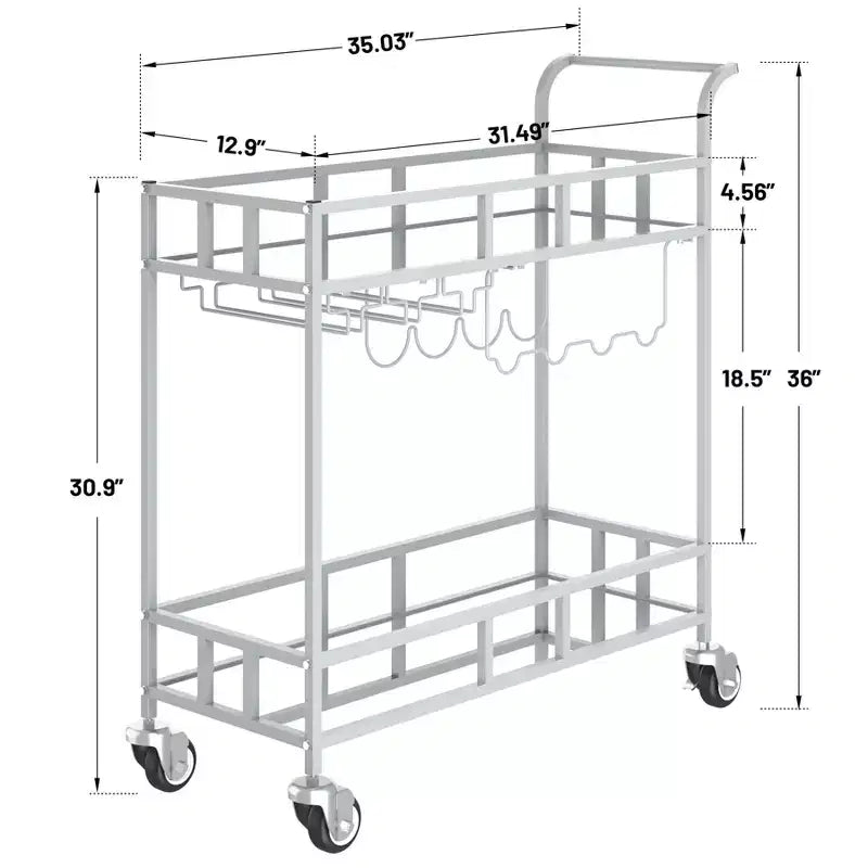2 Tier Rolling Wine Bar Cart for Home, Small Alcohol Liquor Cart with Mirrored Shelves, Wine Racks & Glass Holder