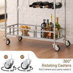 2 Tier Rolling Wine Bar Cart for Home, Small Alcohol Liquor Cart with Mirrored Shelves, Wine Racks & Glass Holder