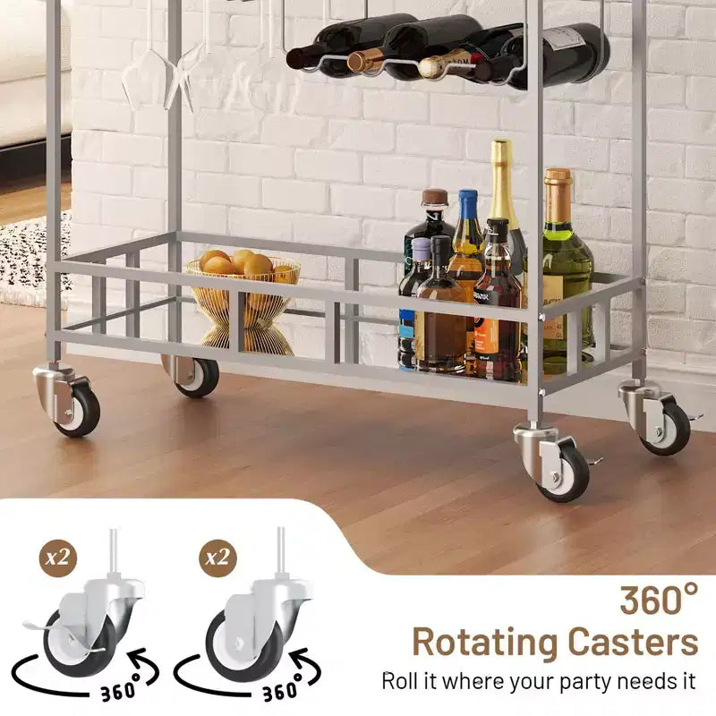 2 Tier Rolling Wine Bar Cart for Home, Small Alcohol Liquor Cart with Mirrored Shelves, Wine Racks & Glass Holder