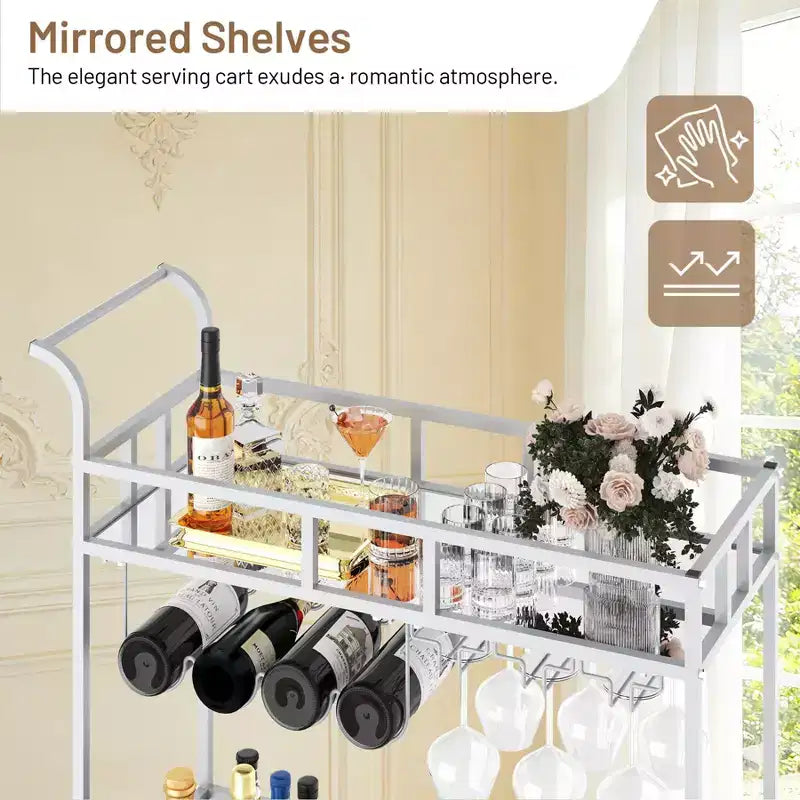 2 Tier Rolling Wine Bar Cart for Home, Small Alcohol Liquor Cart with Mirrored Shelves, Wine Racks & Glass Holder