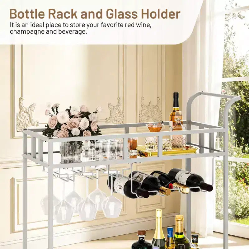 2 Tier Rolling Wine Bar Cart for Home, Small Alcohol Liquor Cart with Mirrored Shelves, Wine Racks & Glass Holder
