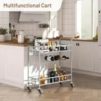 2 Tier Rolling Wine Bar Cart for Home, Small Alcohol Liquor Cart with Mirrored Shelves, Wine Racks & Glass Holder