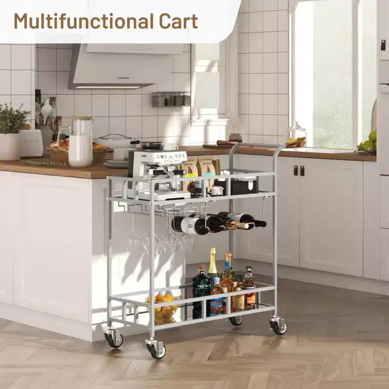 2 Tier Rolling Wine Bar Cart for Home, Small Alcohol Liquor Cart with Mirrored Shelves, Wine Racks & Glass Holder