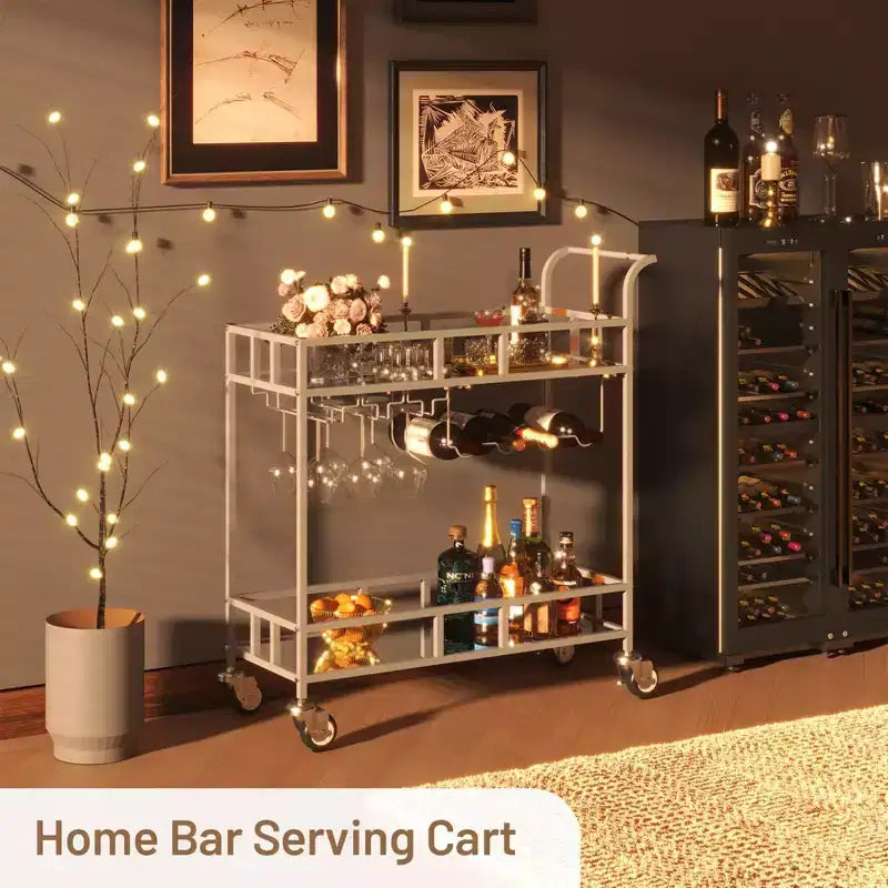 2 Tier Rolling Wine Bar Cart for Home, Small Alcohol Liquor Cart with Mirrored Shelves, Wine Racks & Glass Holder