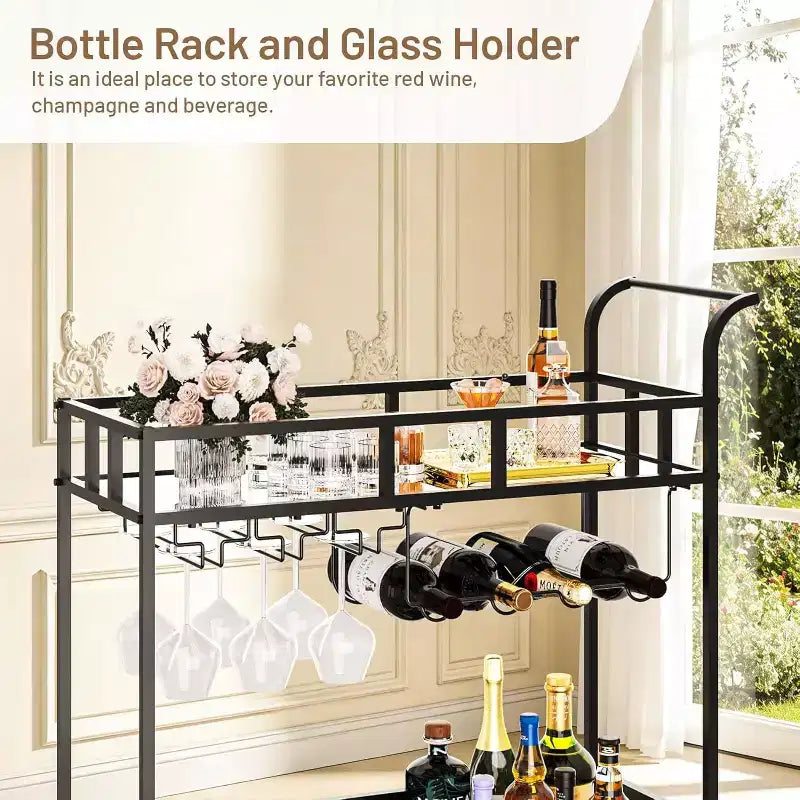 2 Tier Rolling Wine Bar Cart for Home, Small Alcohol Liquor Cart with Mirrored Shelves, Wine Racks & Glass Holder