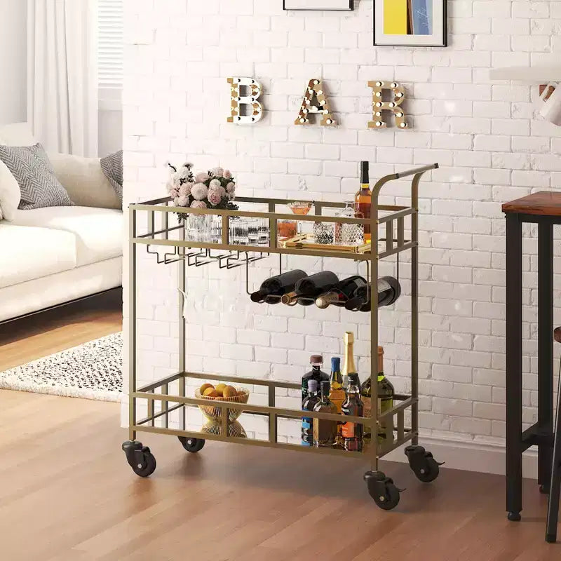 2 Tier Rolling Wine Bar Cart for Home, Small Alcohol Liquor Cart with Mirrored Shelves, Wine Racks & Glass Holder
