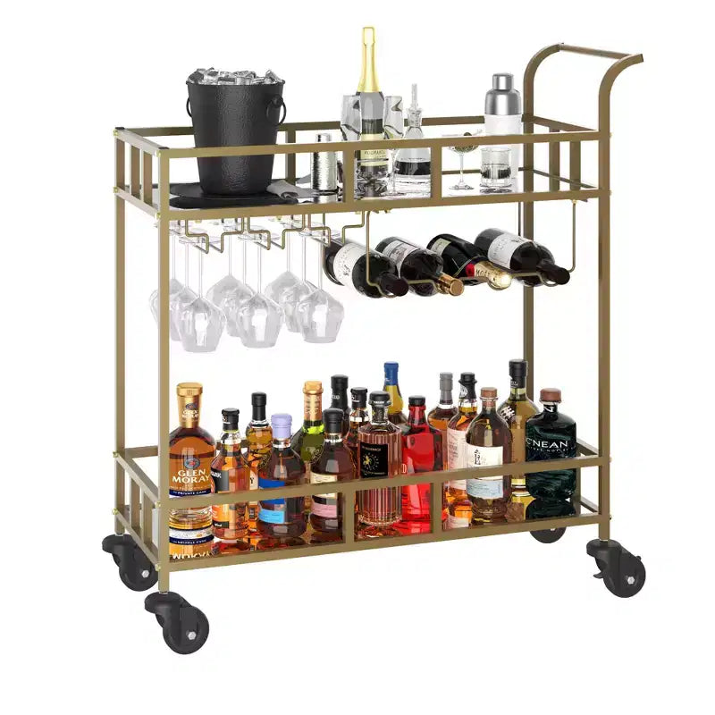 2 Tier Rolling Wine Bar Cart for Home, Small Alcohol Liquor Cart with Mirrored Shelves, Wine Racks & Glass Holder