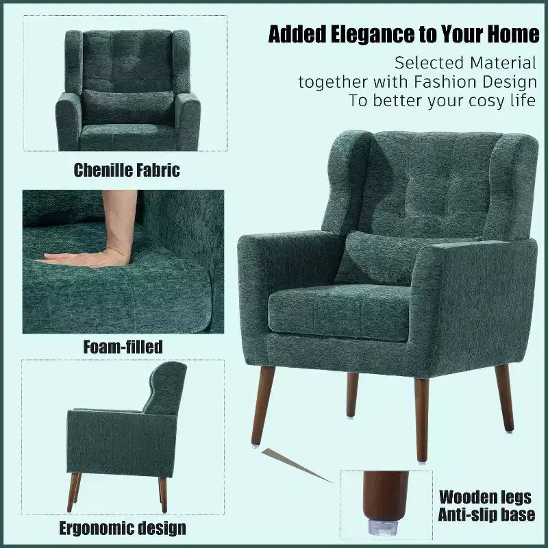 Chenille Accent Chair, Modern Lounge Armchair with Throw Pillow, Ergonomic Back, Tapered Wood Legs, Reading Chair for Living Room, Bedroom