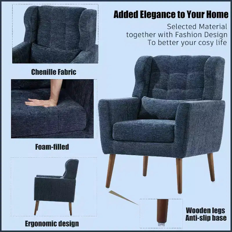 Chenille Accent Chair, Modern Lounge Armchair with Throw Pillow, Ergonomic Back, Tapered Wood Legs, Reading Chair for Living Room, Bedroom