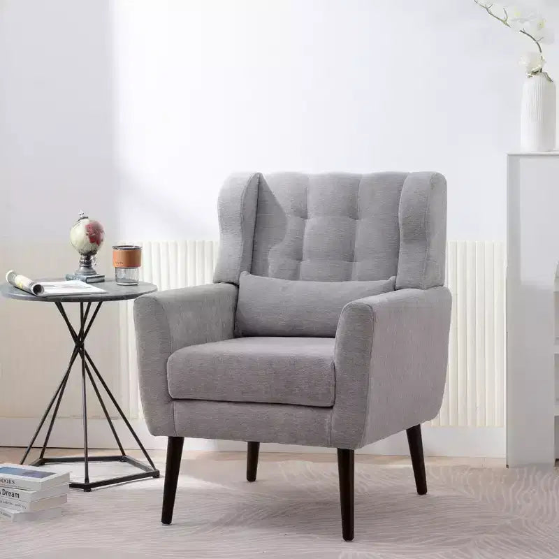 Chenille Accent Chair, Modern Lounge Armchair with Throw Pillow, Ergonomic Back, Tapered Wood Legs, Reading Chair for Living Room, Bedroom