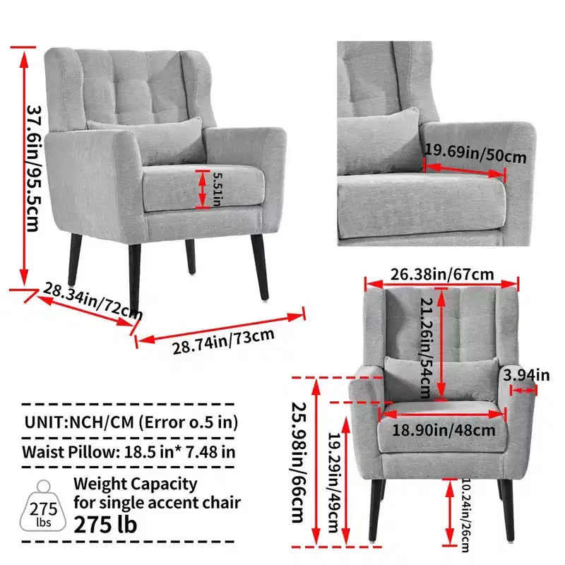 Chenille Accent Chair, Modern Lounge Armchair with Throw Pillow, Ergonomic Back, Tapered Wood Legs, Reading Chair for Living Room, Bedroom