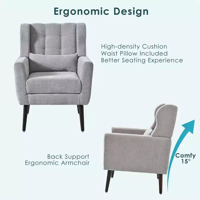 Chenille Accent Chair, Modern Lounge Armchair with Throw Pillow, Ergonomic Back, Tapered Wood Legs, Reading Chair for Living Room, Bedroom