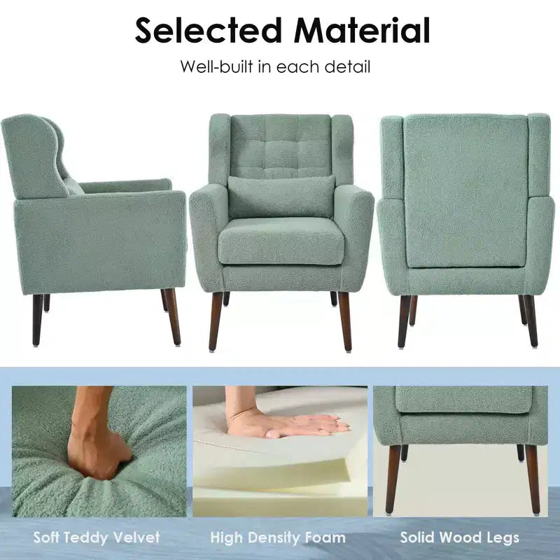 Chenille Accent Chair, Modern Lounge Armchair with Throw Pillow, Ergonomic Back, Tapered Wood Legs, Reading Chair for Living Room, Bedroom