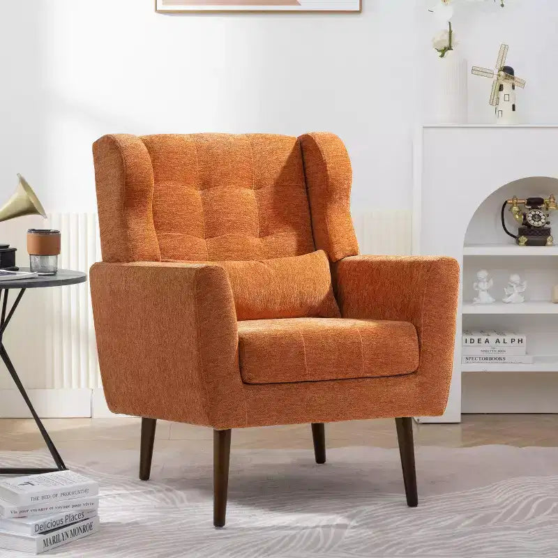 Chenille Accent Chair, Modern Lounge Armchair with Throw Pillow, Ergonomic Back, Tapered Wood Legs, Reading Chair for Living Room, Bedroom