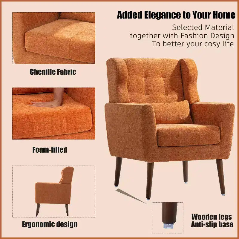 Chenille Accent Chair, Modern Lounge Armchair with Throw Pillow, Ergonomic Back, Tapered Wood Legs, Reading Chair for Living Room, Bedroom