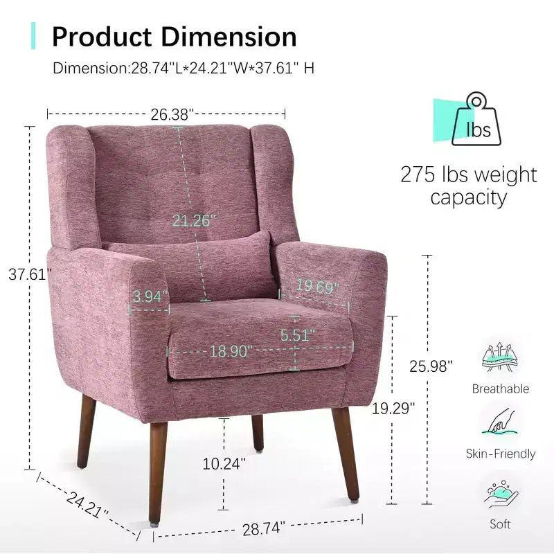 Chenille Accent Chair, Modern Lounge Armchair with Throw Pillow, Ergonomic Back, Tapered Wood Legs, Reading Chair for Living Room, Bedroom
