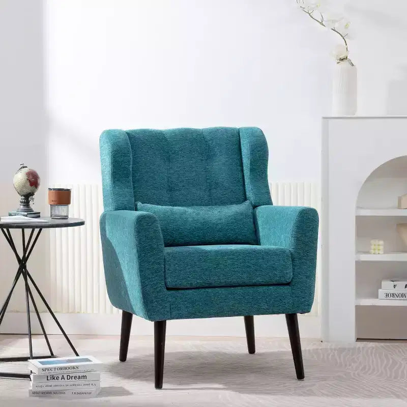 Chenille Accent Chair, Modern Lounge Armchair with Throw Pillow, Ergonomic Back, Tapered Wood Legs, Reading Chair for Living Room, Bedroom